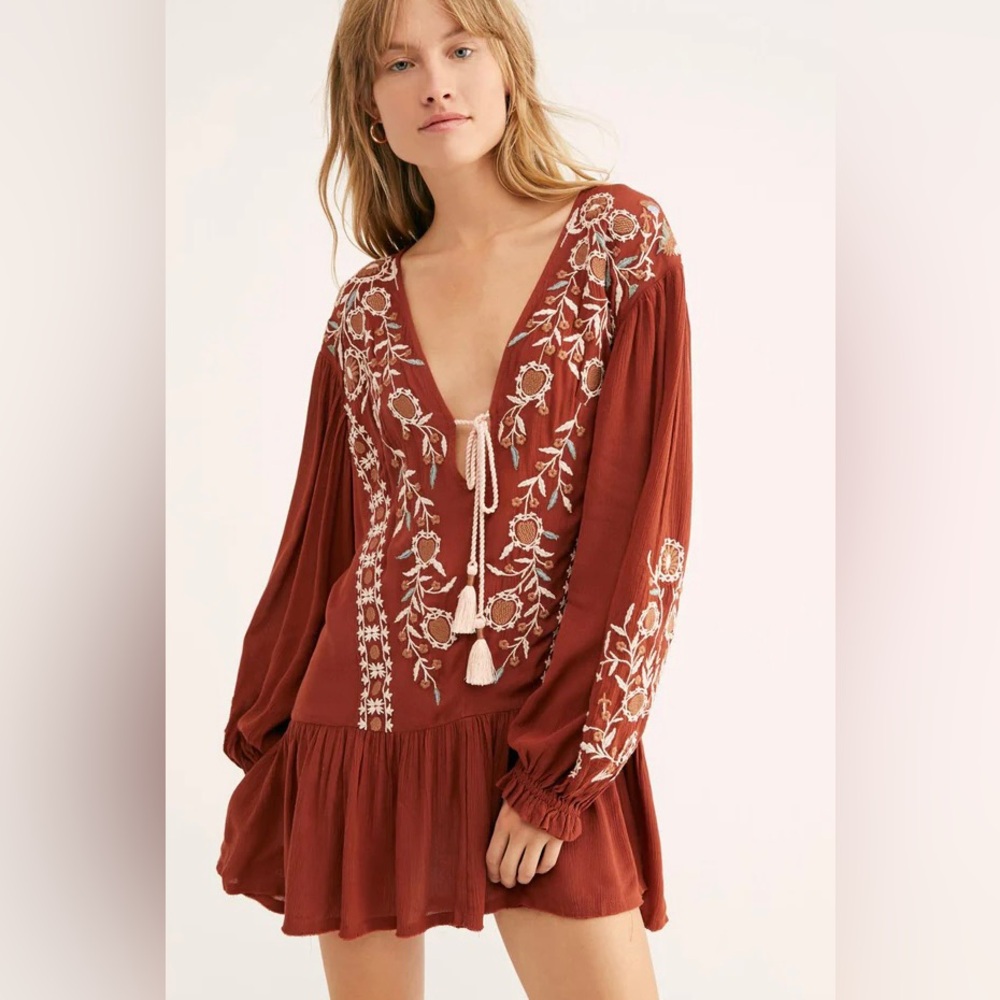 Free People Wild Dreams Embroidered Boho Tassels Tie Tunic Dress Size L